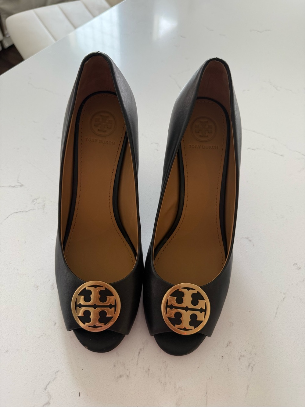 Tory Burch Black Leather Peep-Toe Heels with Gold Logo Medallion
